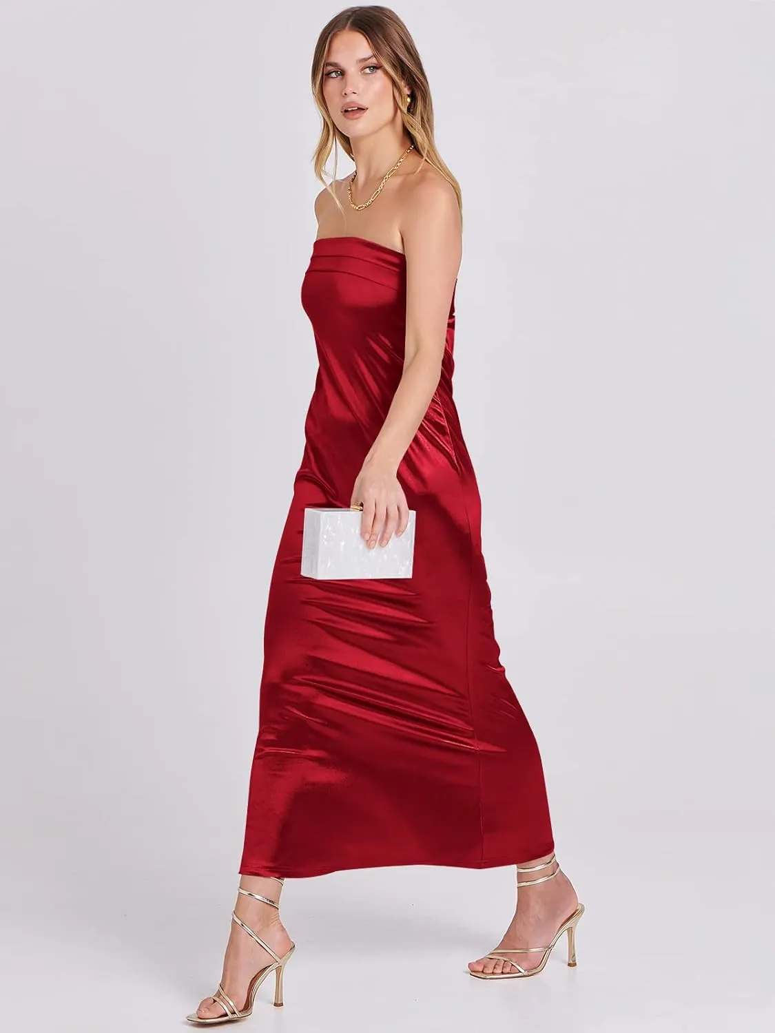 ANRABESS Women Summer Wedding Guest Maxi Dress Strapless Satin Tube Bodycon Backless Cocktail Formal Dresses 2025 Spring
