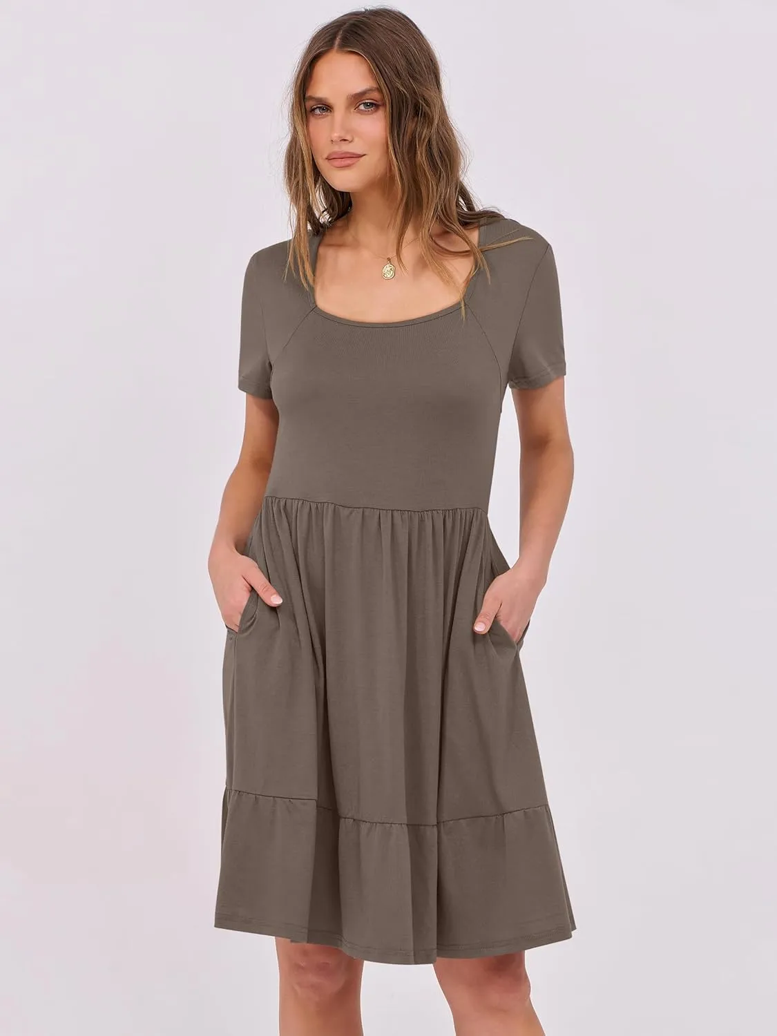 ANRABESS Womens Summer Casual Dresses Short Sleeve Square Neck Babydoll Dress 2025 Vacation A-Line Beach Cute Short Sundress