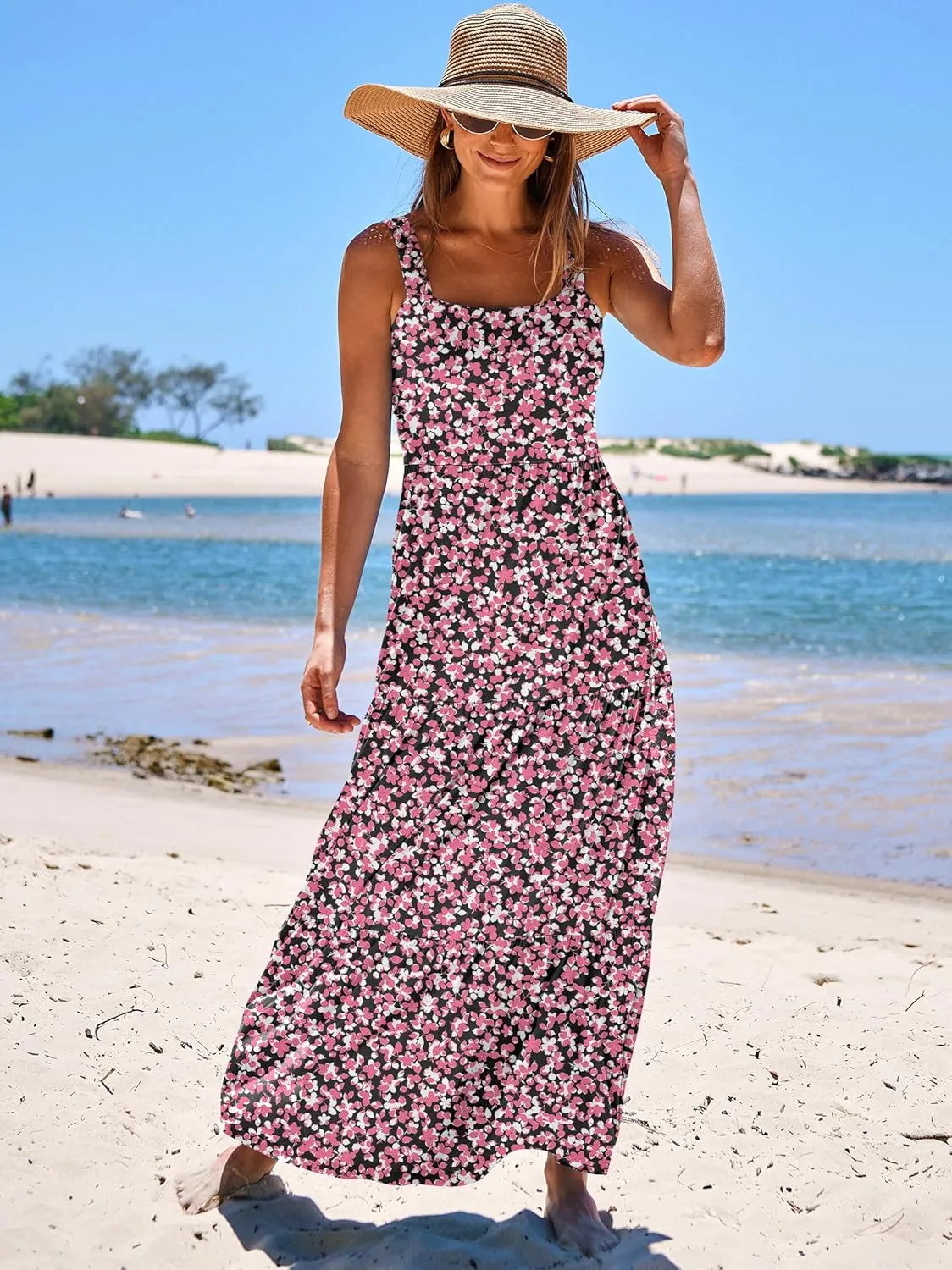 ANRABESS Women's Summer Casual Long Maxi Beach Vacation Dresses Sleeveless Square Neck Flowy Tiered Sun Dress with Pockets