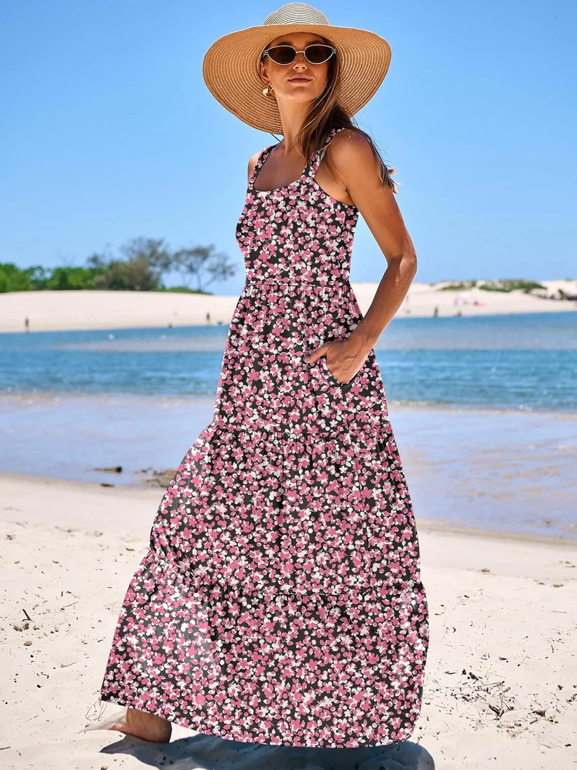 ANRABESS Women's Summer Casual Long Maxi Beach Vacation Dresses Sleeveless Square Neck Flowy Tiered Sun Dress with Pockets