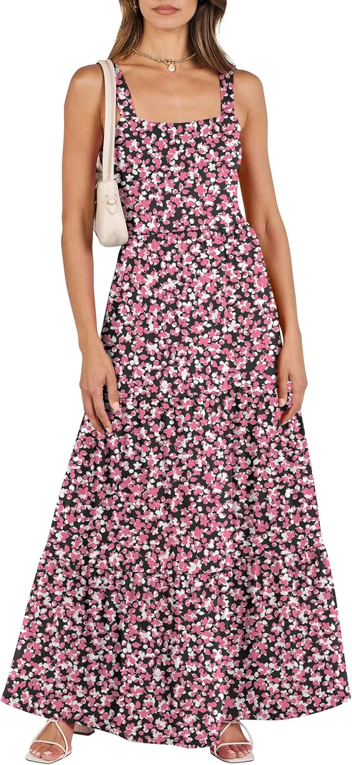 ANRABESS Women's Summer Casual Long Maxi Beach Vacation Dresses Sleeveless Square Neck Flowy Tiered Sun Dress with Pockets