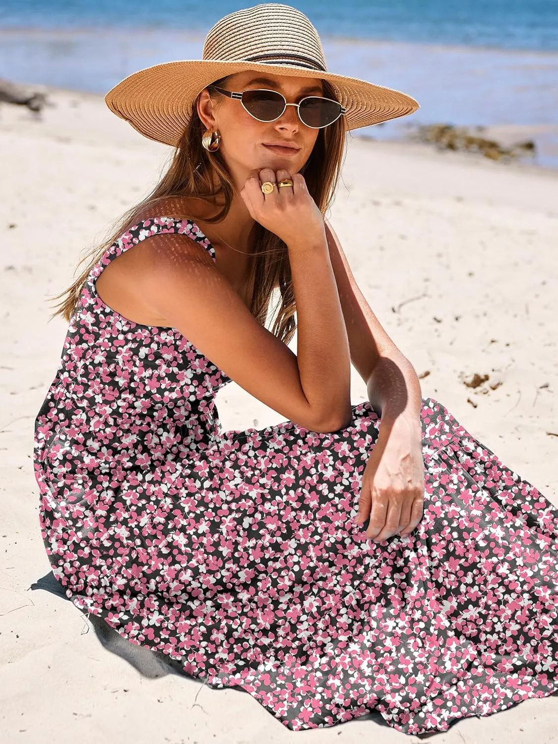ANRABESS Women's Summer Casual Long Maxi Beach Vacation Dresses Sleeveless Square Neck Flowy Tiered Sun Dress with Pockets