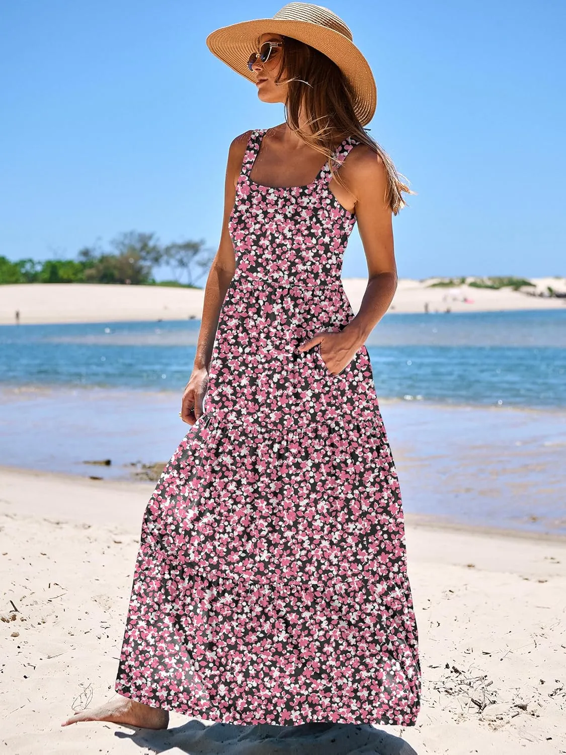 ANRABESS Women's Summer Casual Long Maxi Beach Vacation Dresses Sleeveless Square Neck Flowy Tiered Sun Dress with Pockets