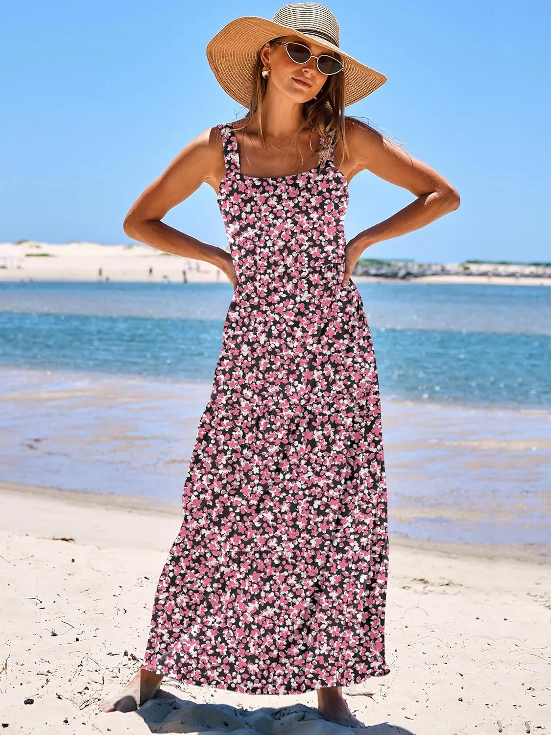 ANRABESS Women's Summer Casual Long Maxi Beach Vacation Dresses Sleeveless Square Neck Flowy Tiered Sun Dress with Pockets