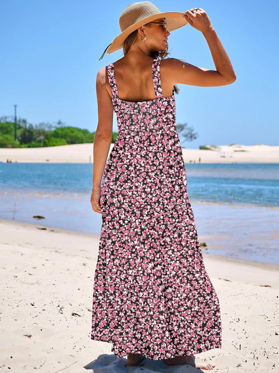 ANRABESS Women's Summer Casual Long Maxi Beach Vacation Dresses Sleeveless Square Neck Flowy Tiered Sun Dress with Pockets