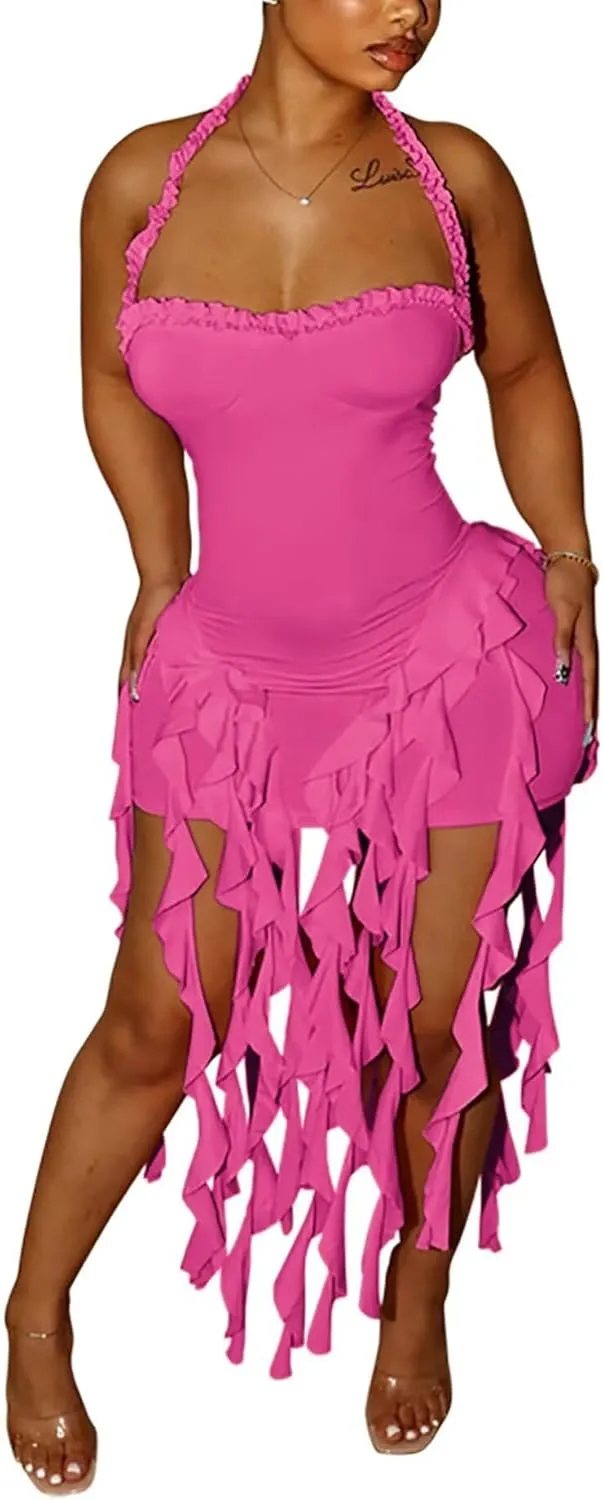 Aro Lora Womens Sexy Halter Neck Sleeveless Ruffle Tassel Party Club Bodycon Mini Dress