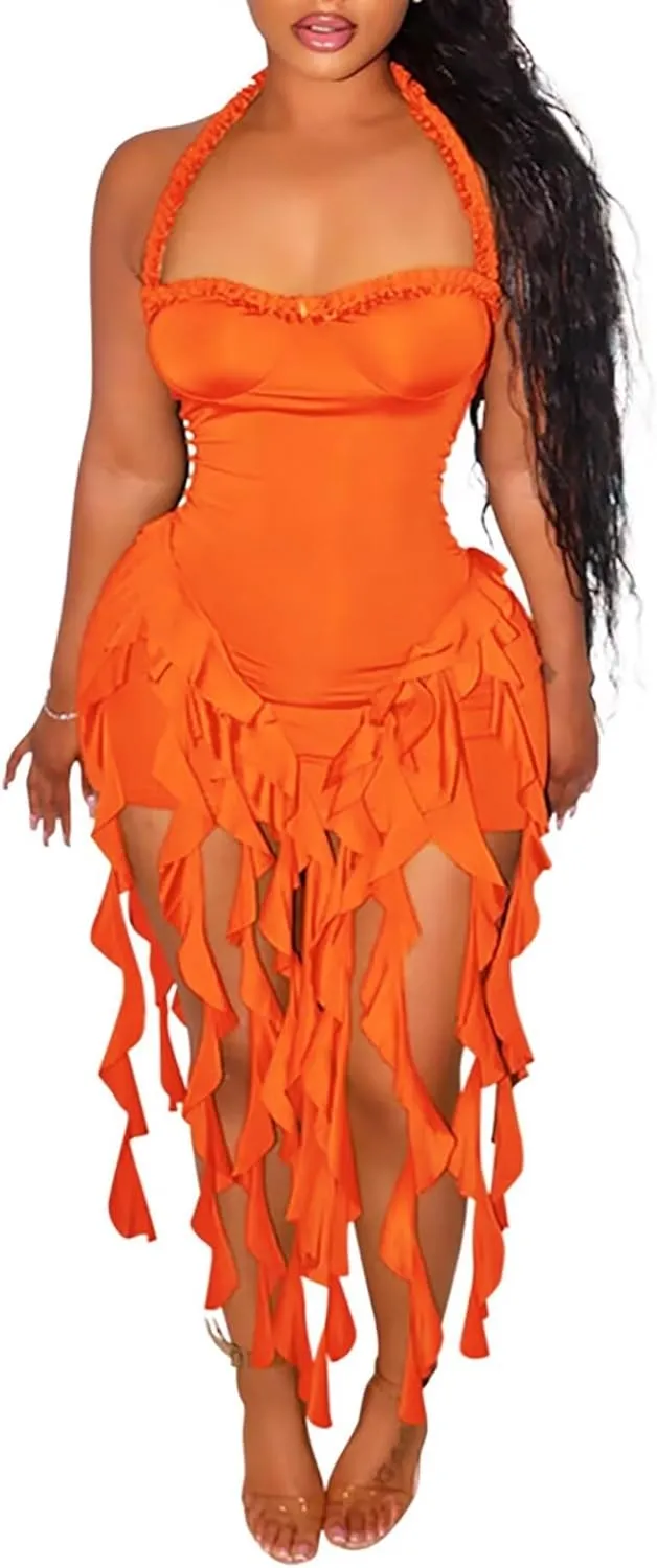 Aro Lora Womens Sexy Halter Neck Sleeveless Ruffle Tassel Party Club Bodycon Mini Dress