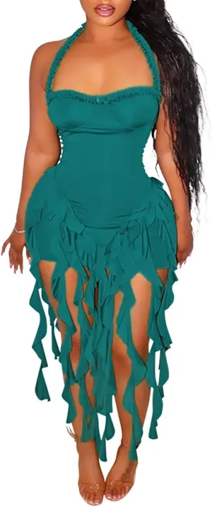 Aro Lora Womens Sexy Halter Neck Sleeveless Ruffle Tassel Party Club Bodycon Mini Dress