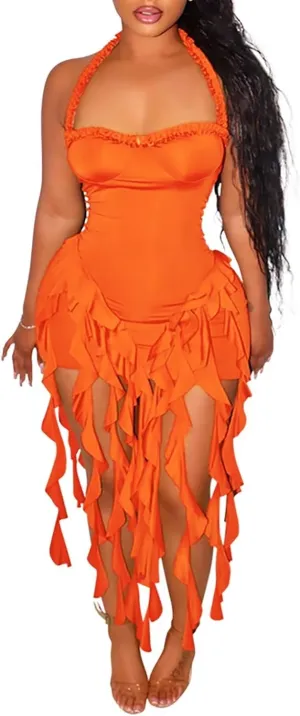 Aro Lora Womens Sexy Halter Neck Sleeveless Ruffle Tassel Party Club Bodycon Mini Dress
