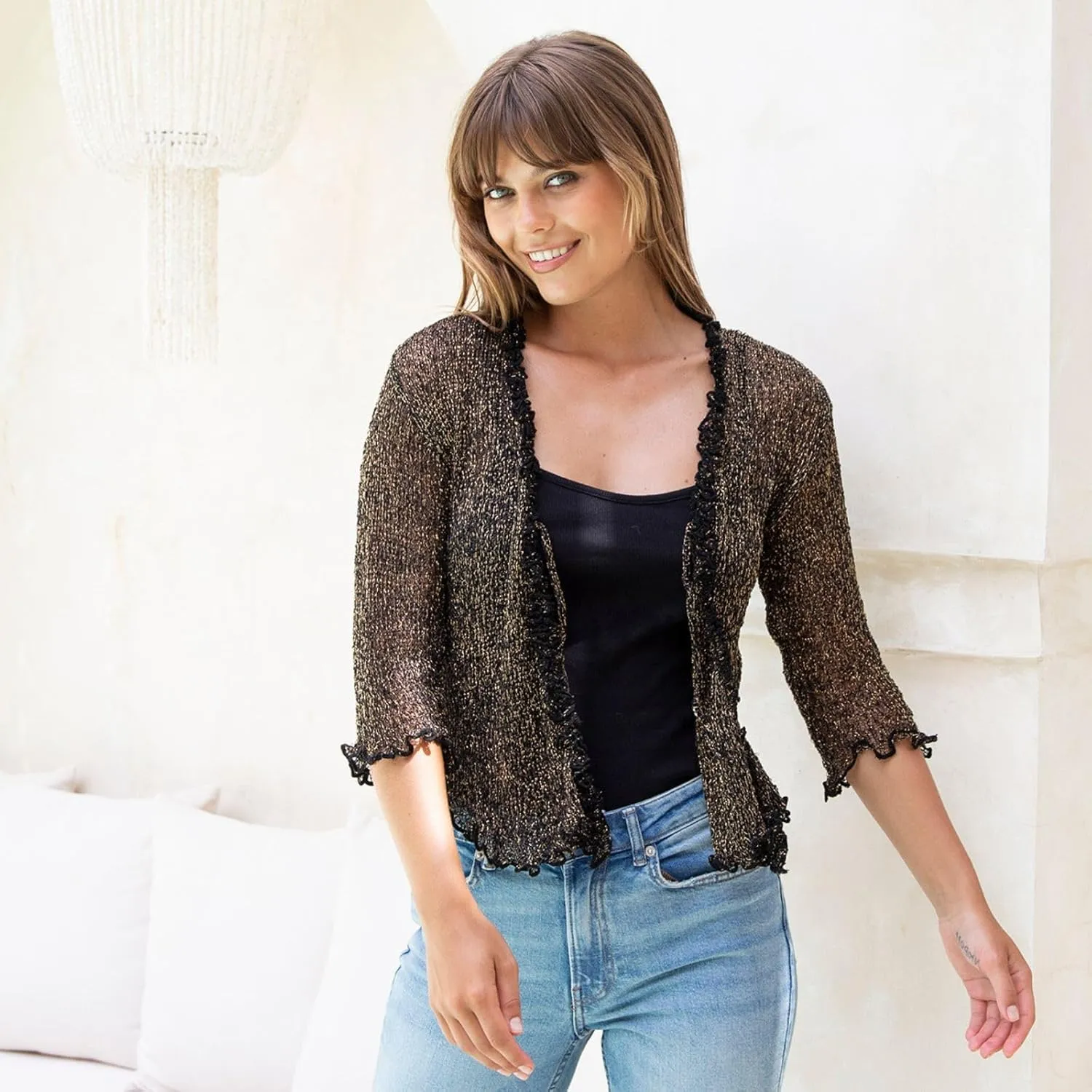 Back From Bali Womens Sheer Shrug Ruffle Cardigan Lightweight Sweater Bolero Arm Cover