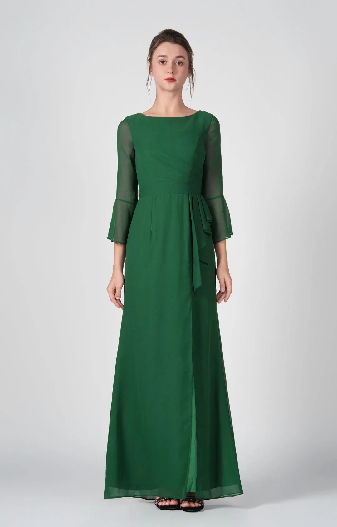 Bateau Neck Sheer Sleeve Split Maxi Dresses
