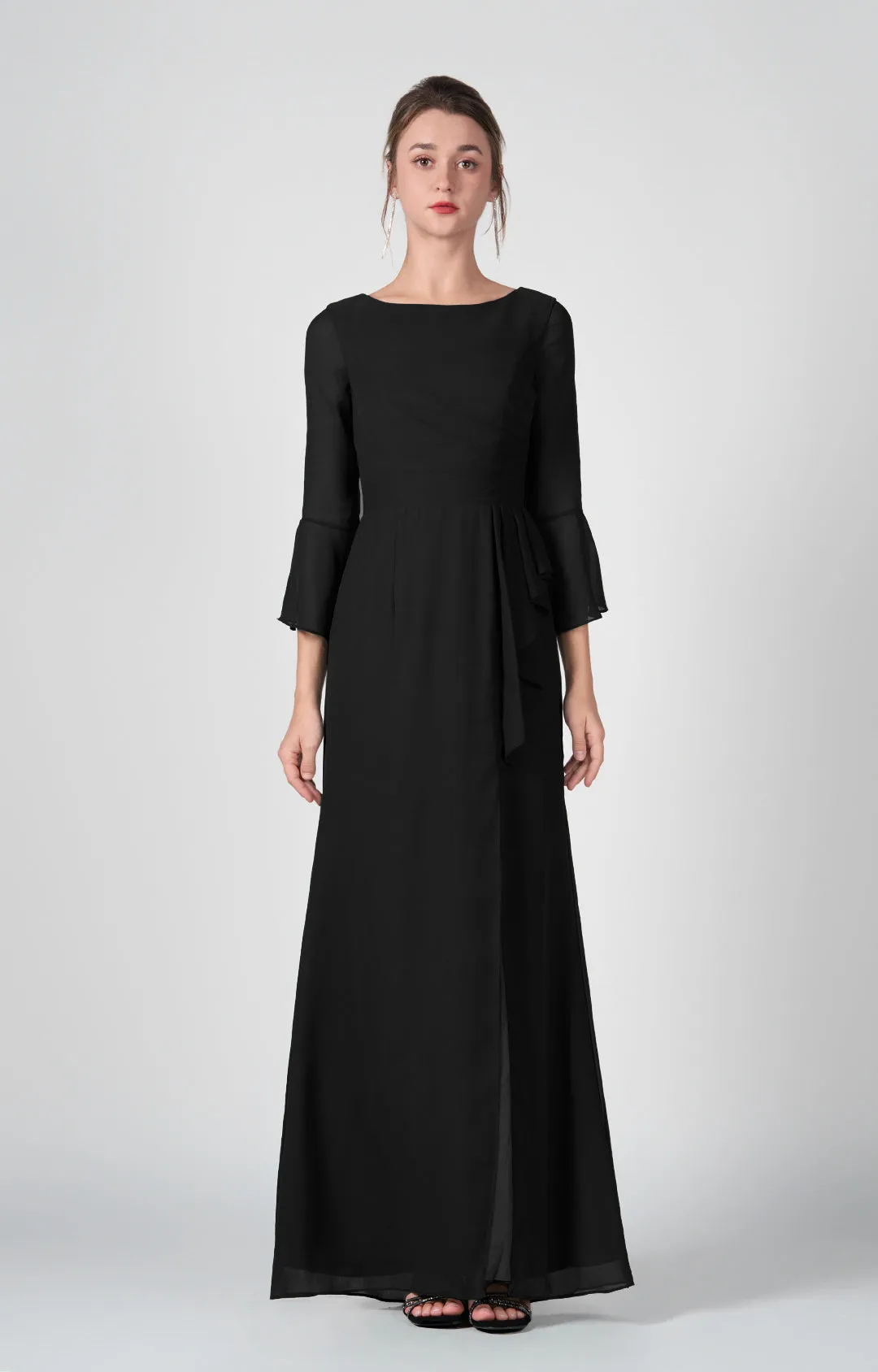 Bateau Neck Sheer Sleeve Split Maxi Dresses