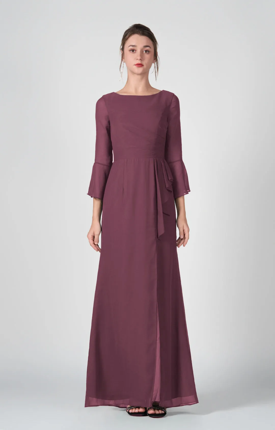 Bateau Neck Sheer Sleeve Split Maxi Dresses