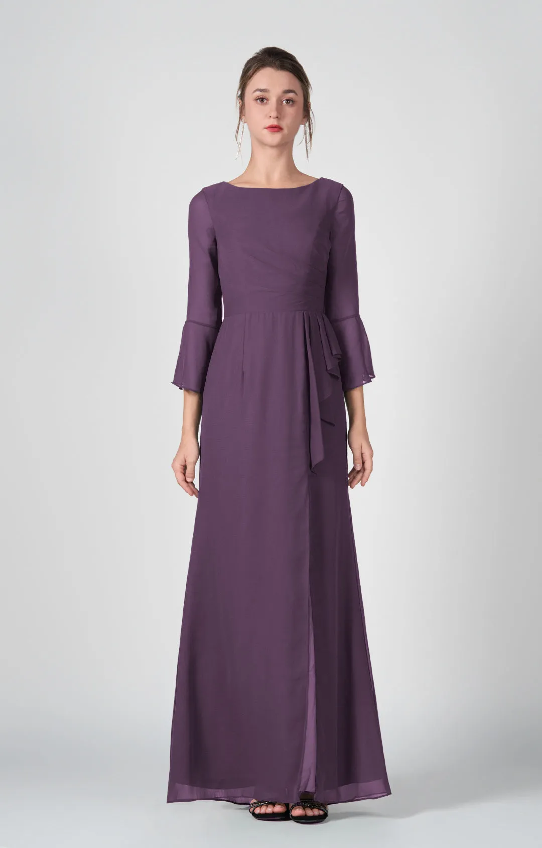 Bateau Neck Sheer Sleeve Split Maxi Dresses