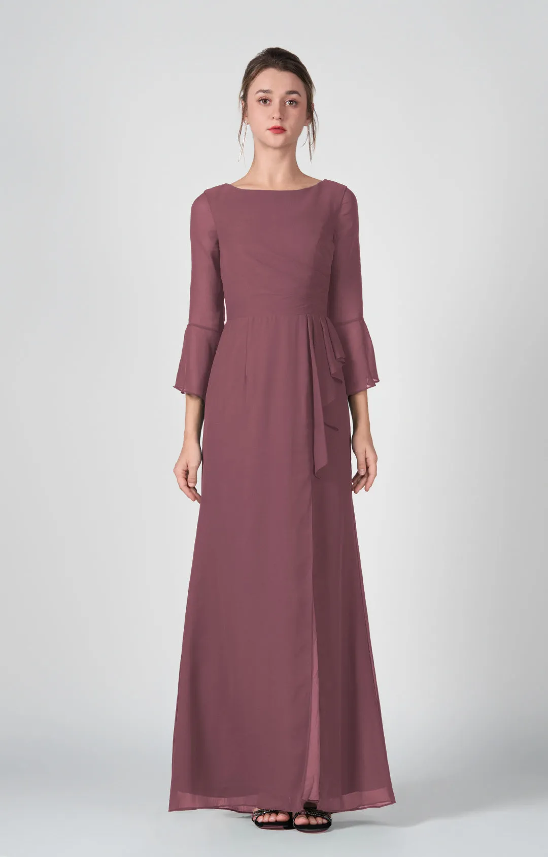 Bateau Neck Sheer Sleeve Split Maxi Dresses