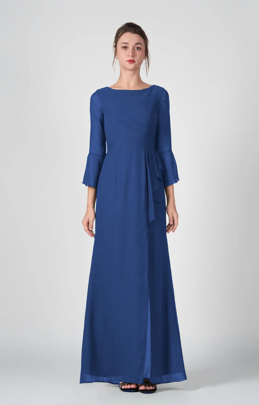 Bateau Neck Sheer Sleeve Split Maxi Dresses