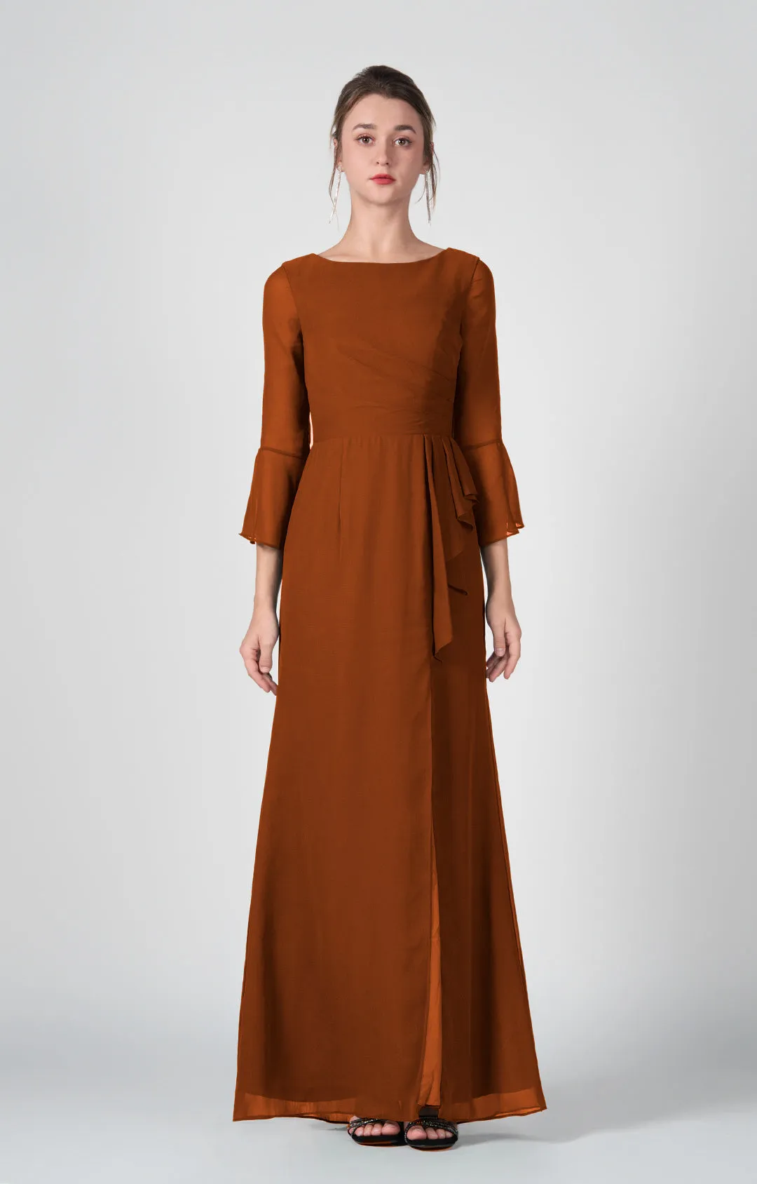 Bateau Neck Sheer Sleeve Split Maxi Dresses