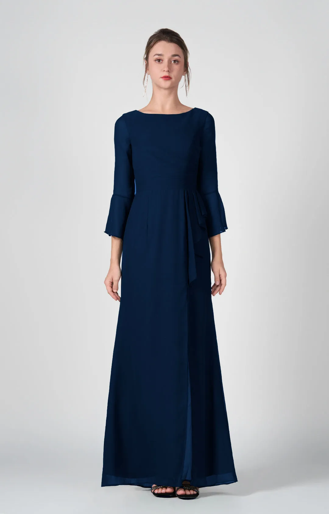 Bateau Neck Sheer Sleeve Split Maxi Dresses