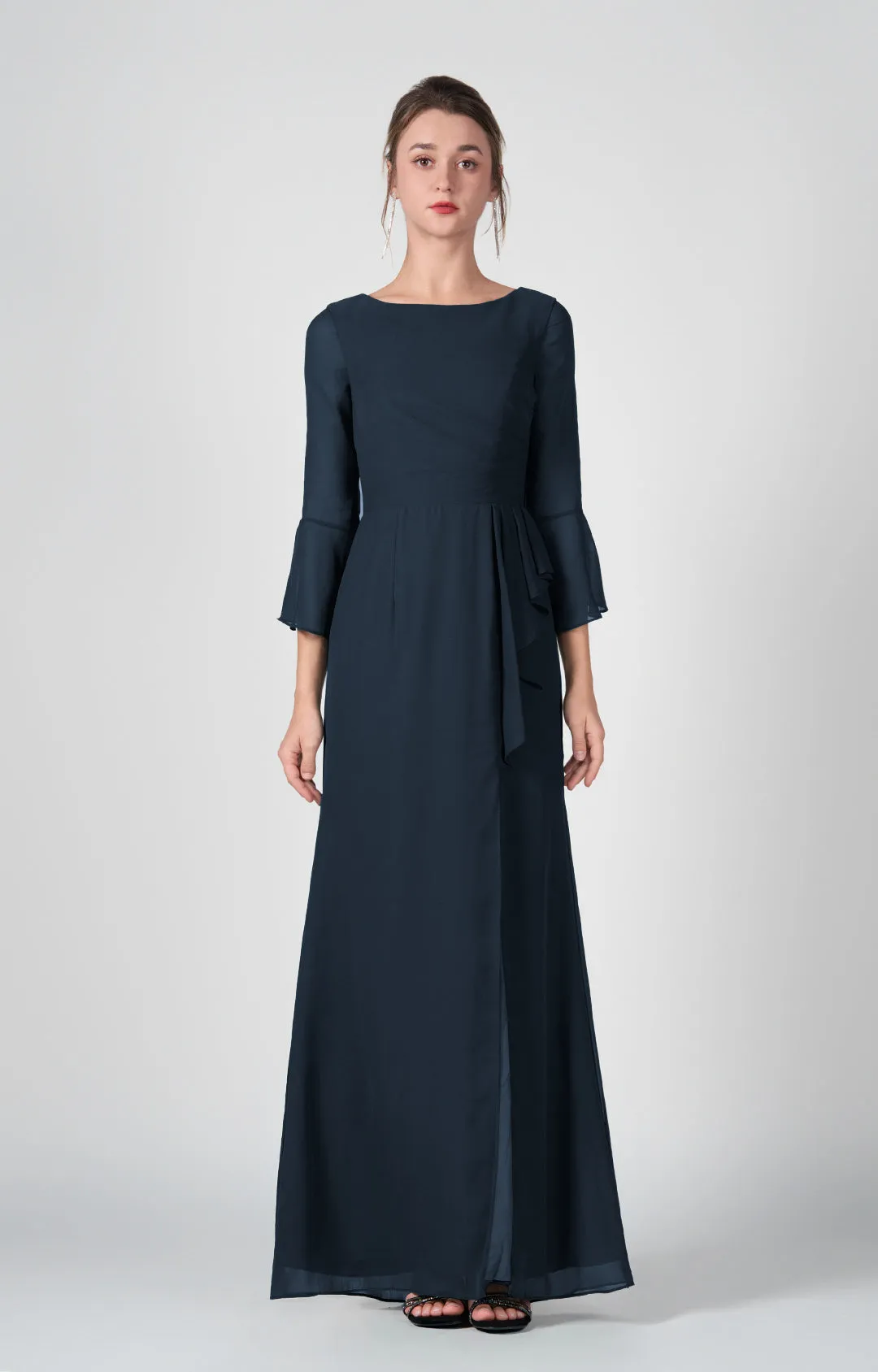 Bateau Neck Sheer Sleeve Split Maxi Dresses