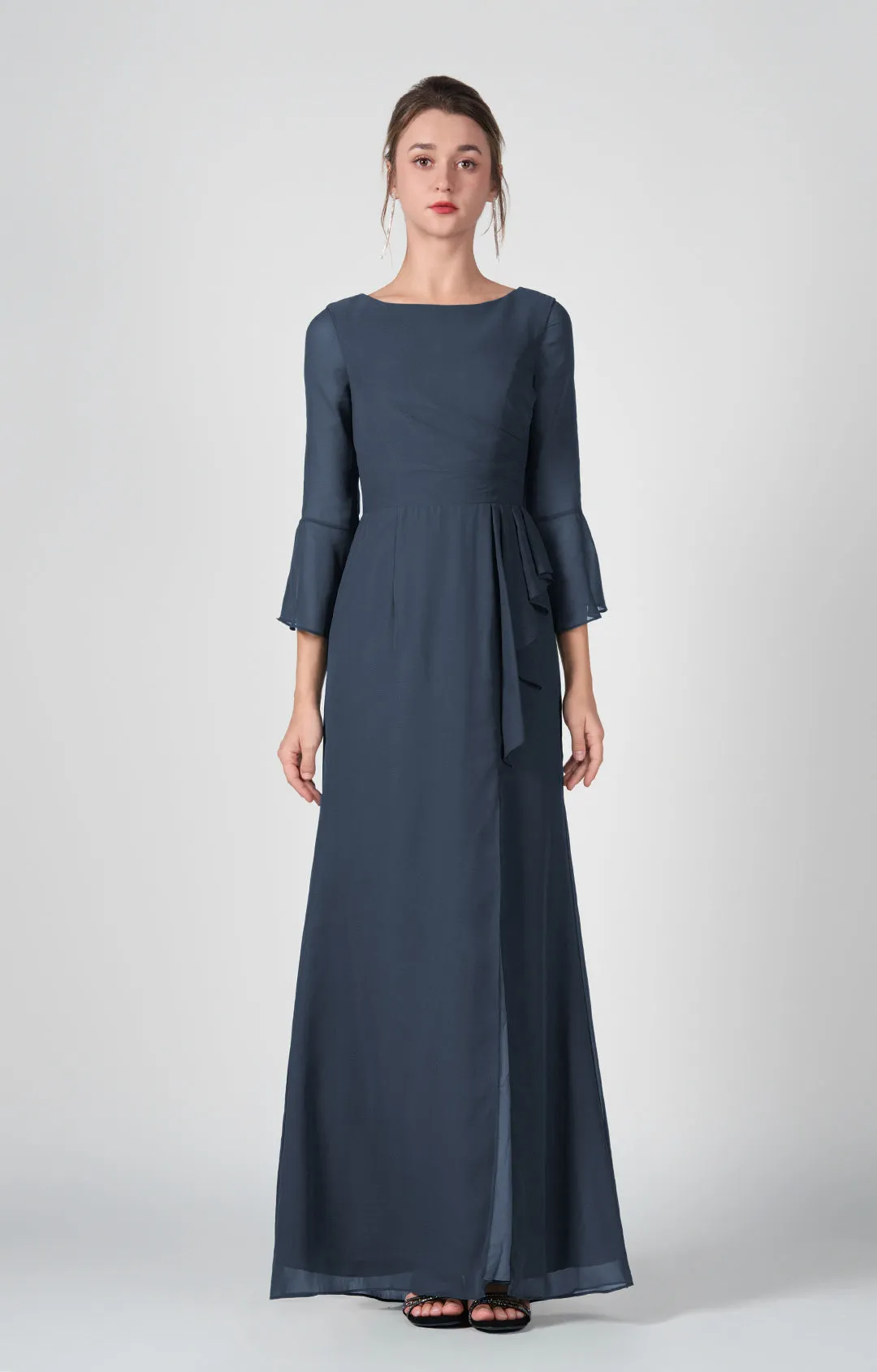 Bateau Neck Sheer Sleeve Split Maxi Dresses