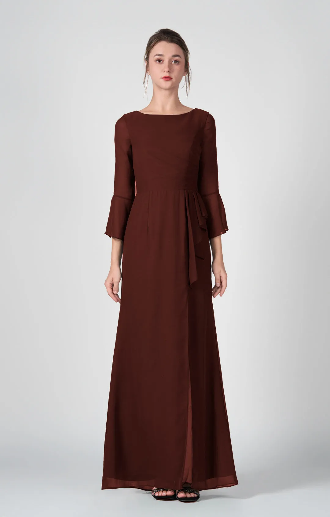 Bateau Neck Sheer Sleeve Split Maxi Dresses