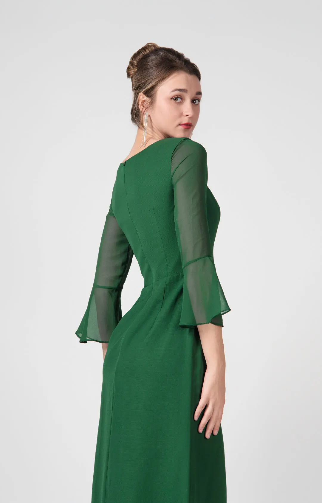Bateau Neck Sheer Sleeve Split Maxi Dresses