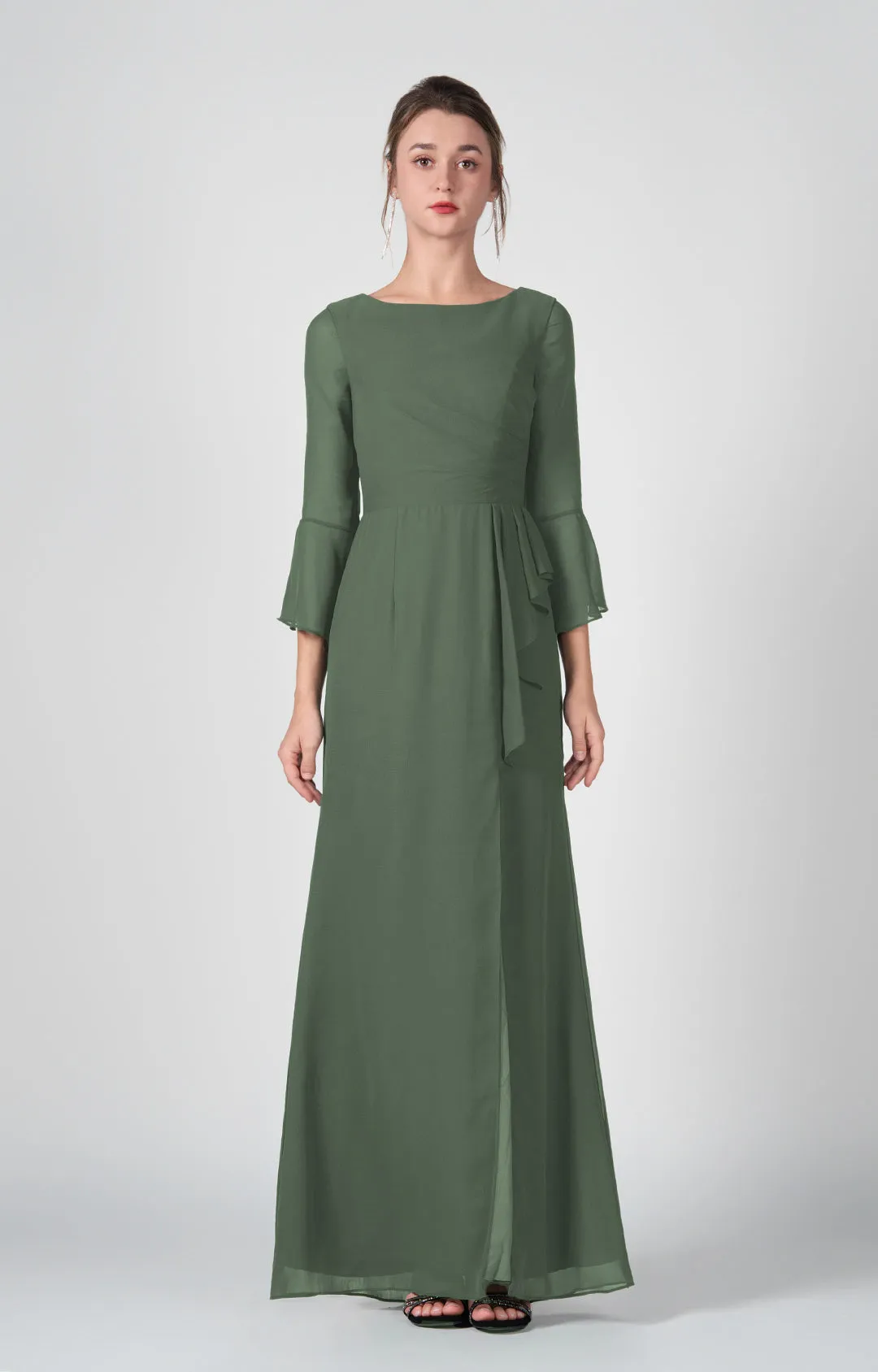 Bateau Neck Sheer Sleeve Split Maxi Dresses