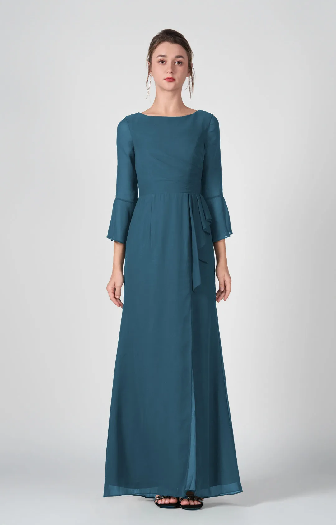 Bateau Neck Sheer Sleeve Split Maxi Dresses