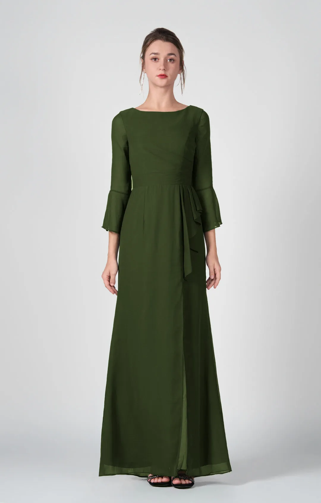 Bateau Neck Sheer Sleeve Split Maxi Dresses