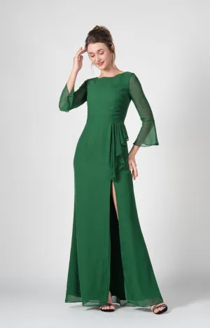 Bateau Neck Sheer Sleeve Split Maxi Dresses