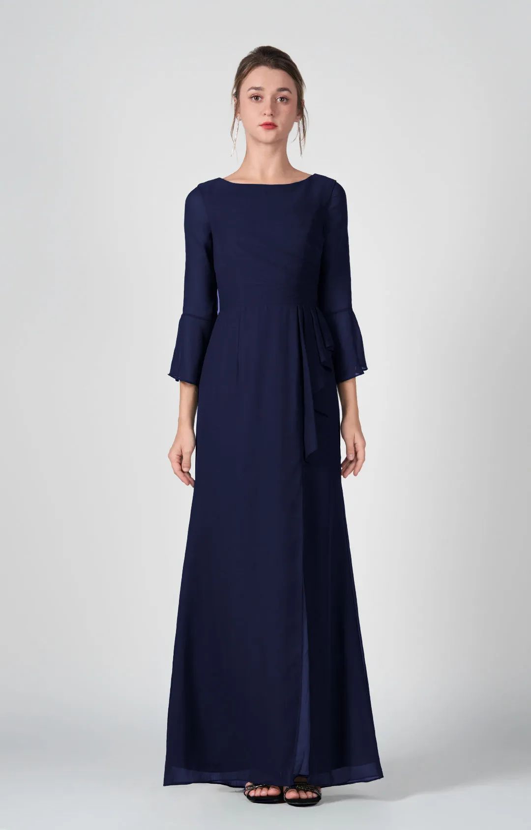 Bateau Neck Sheer Sleeve Split Maxi Dresses