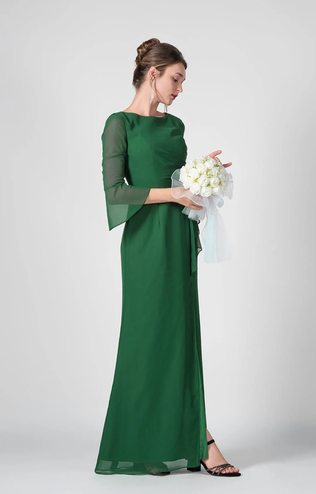 Bateau Neck Sheer Sleeve Split Maxi Dresses