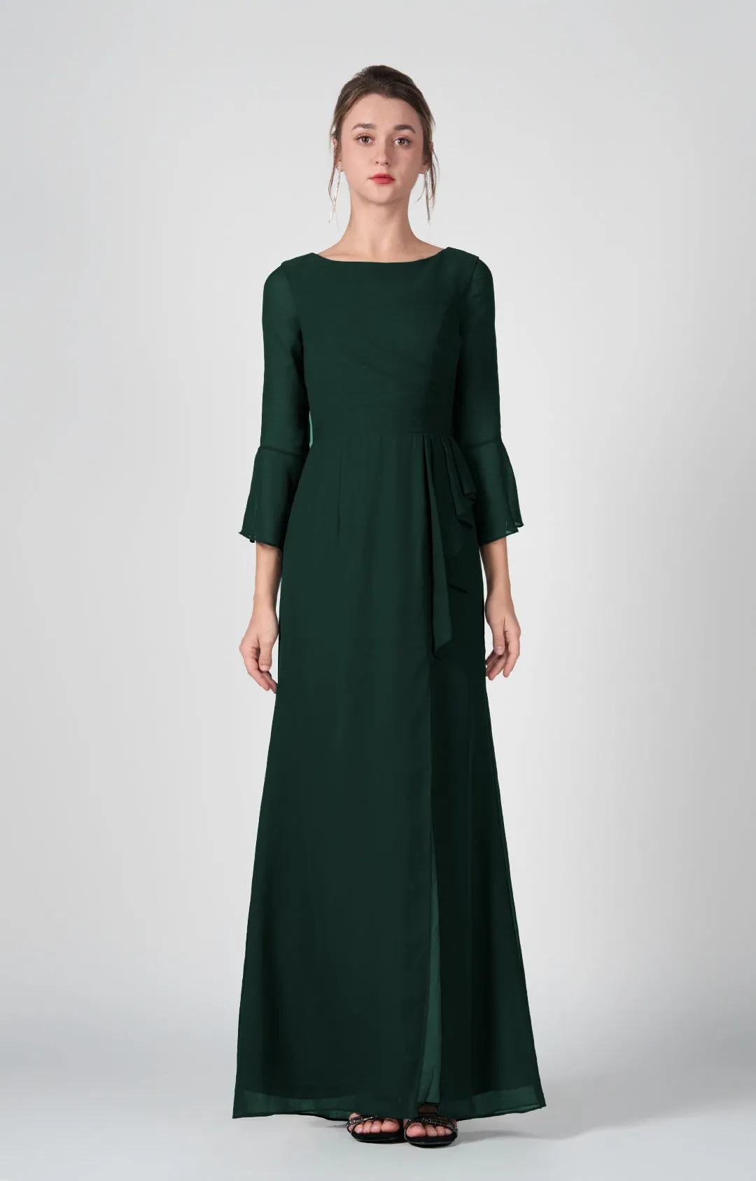Bateau Neck Sheer Sleeve Split Maxi Dresses