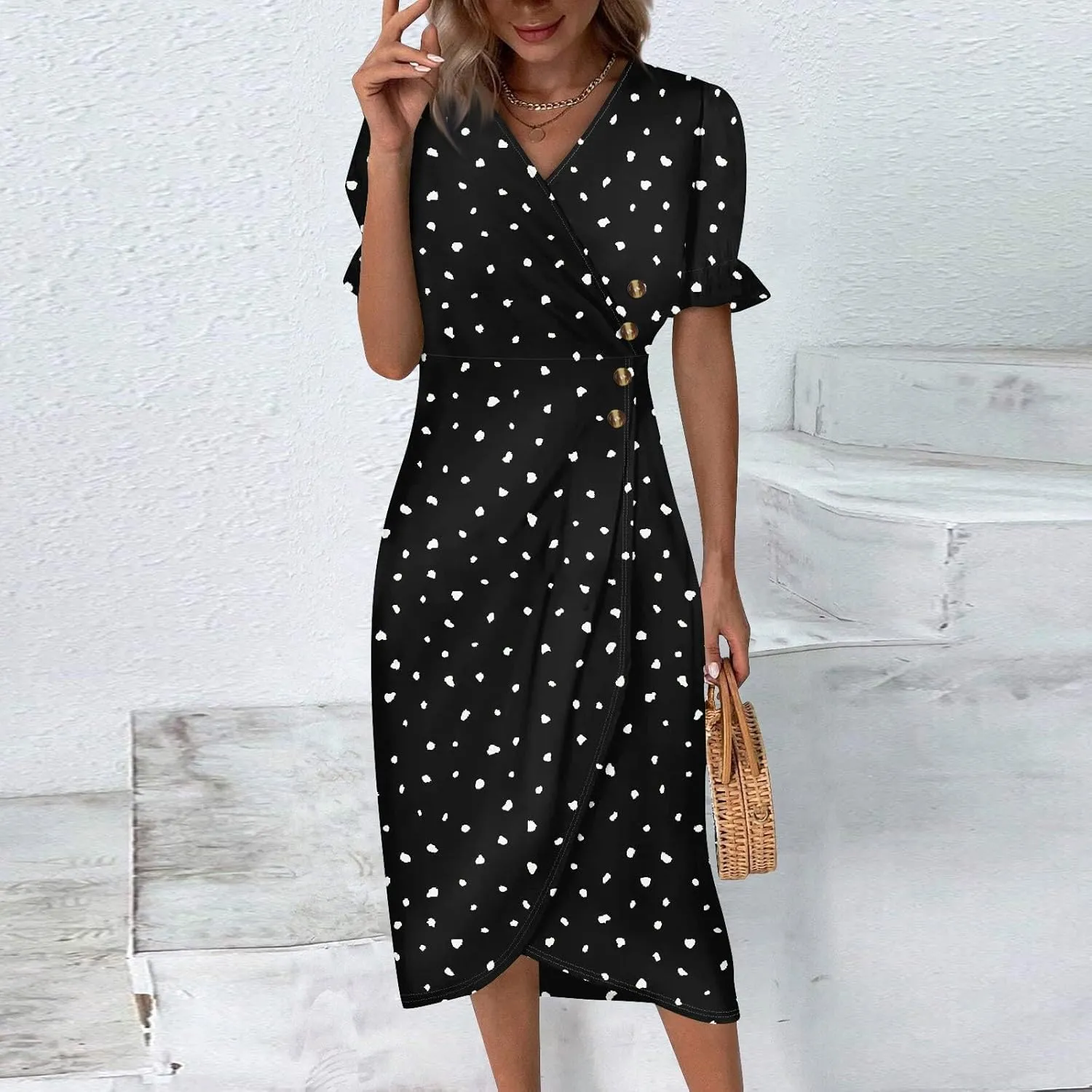Beach Dress Women Vintage Flower Petite Wrap Dress Casual Bussiness Work Frocks Summer Vacation Clothes