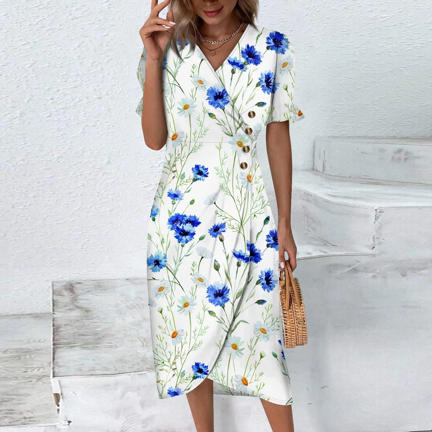 Beach Dress Women Vintage Flower Petite Wrap Dress Casual Bussiness Work Frocks Summer Vacation Clothes