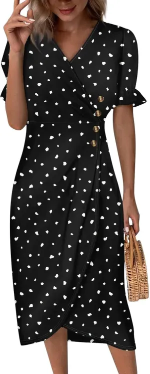 Beach Dress Women Vintage Flower Petite Wrap Dress Casual Bussiness Work Frocks Summer Vacation Clothes