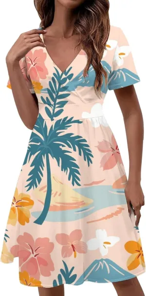 Beach Sundresses for Curvy Womens Summer Casual Plus Size T Shirt Dress Boho Floral Butterfly Vacation Cocktail Dress