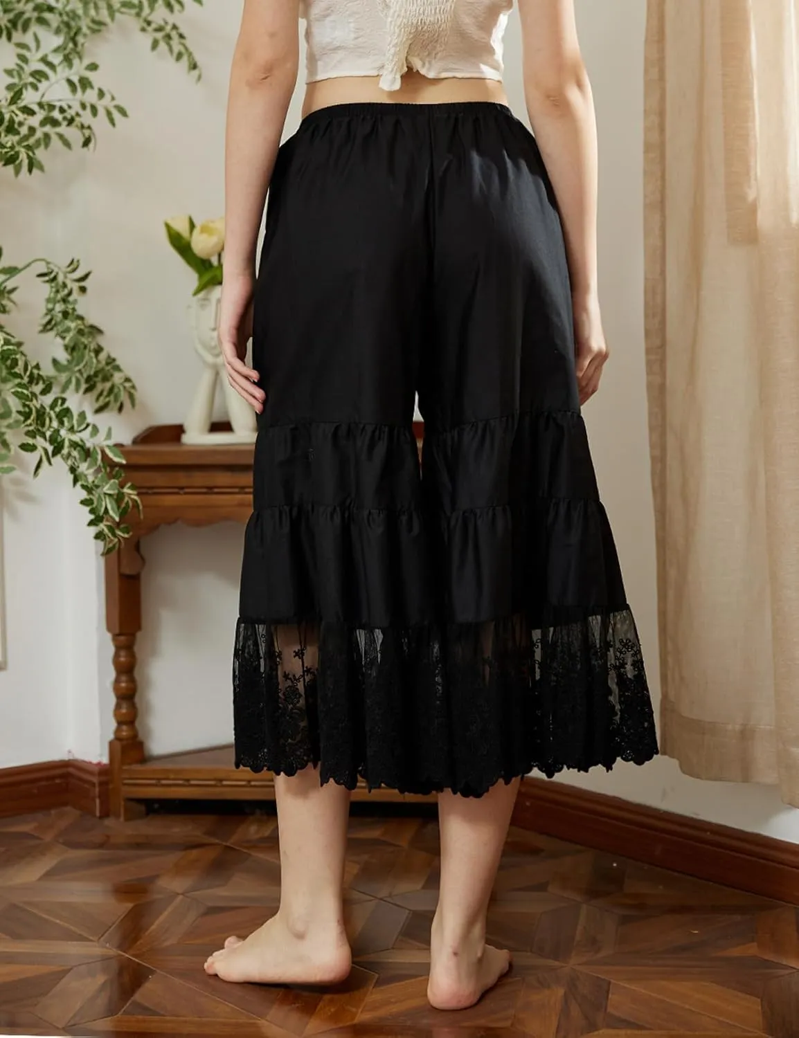 BEAUTELICATE Women Cotton Batiste Culotte Slip Pettipants Lace Trim Vintage Wide Leg Half Slip