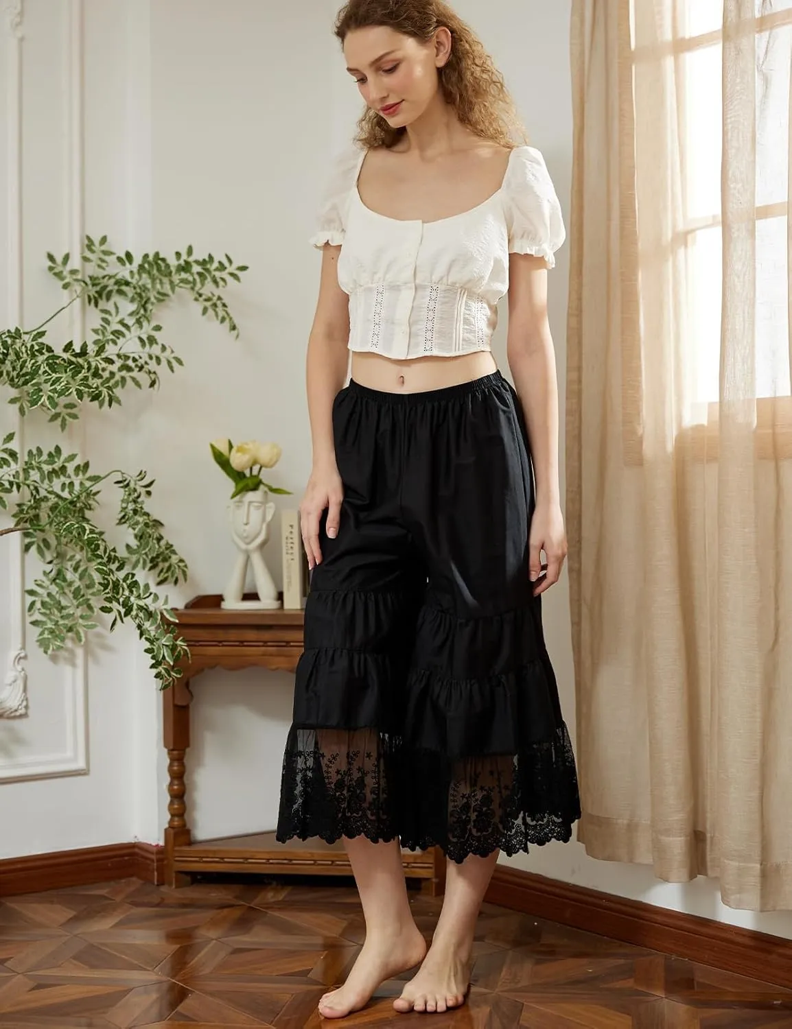 BEAUTELICATE Women Cotton Batiste Culotte Slip Pettipants Lace Trim Vintage Wide Leg Half Slip
