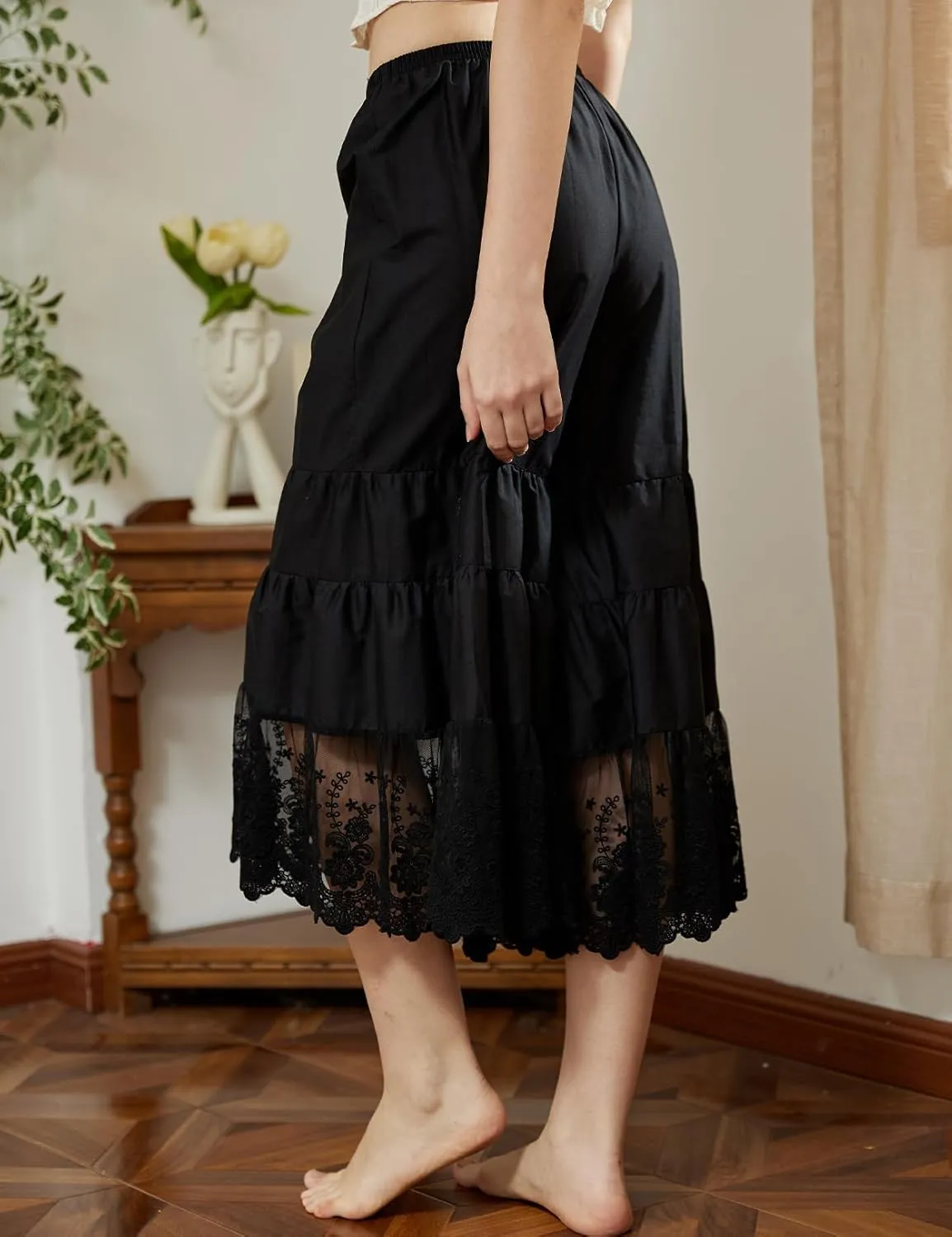 BEAUTELICATE Women Cotton Batiste Culotte Slip Pettipants Lace Trim Vintage Wide Leg Half Slip