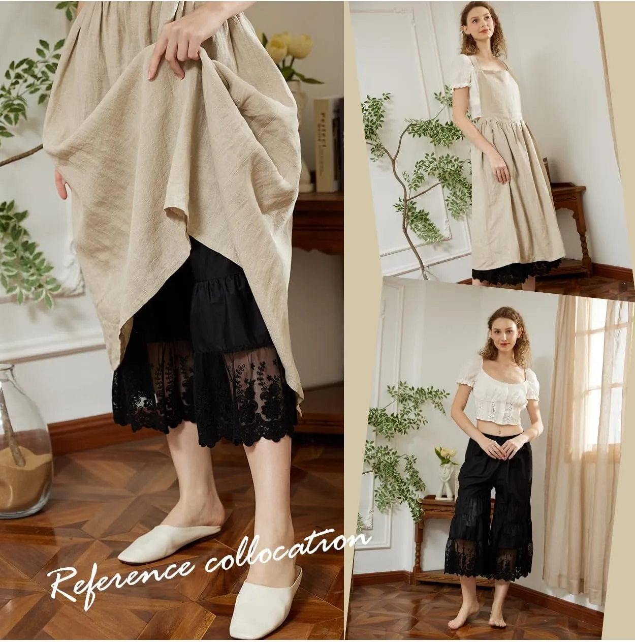 BEAUTELICATE Women Cotton Batiste Culotte Slip Pettipants Lace Trim Vintage Wide Leg Half Slip