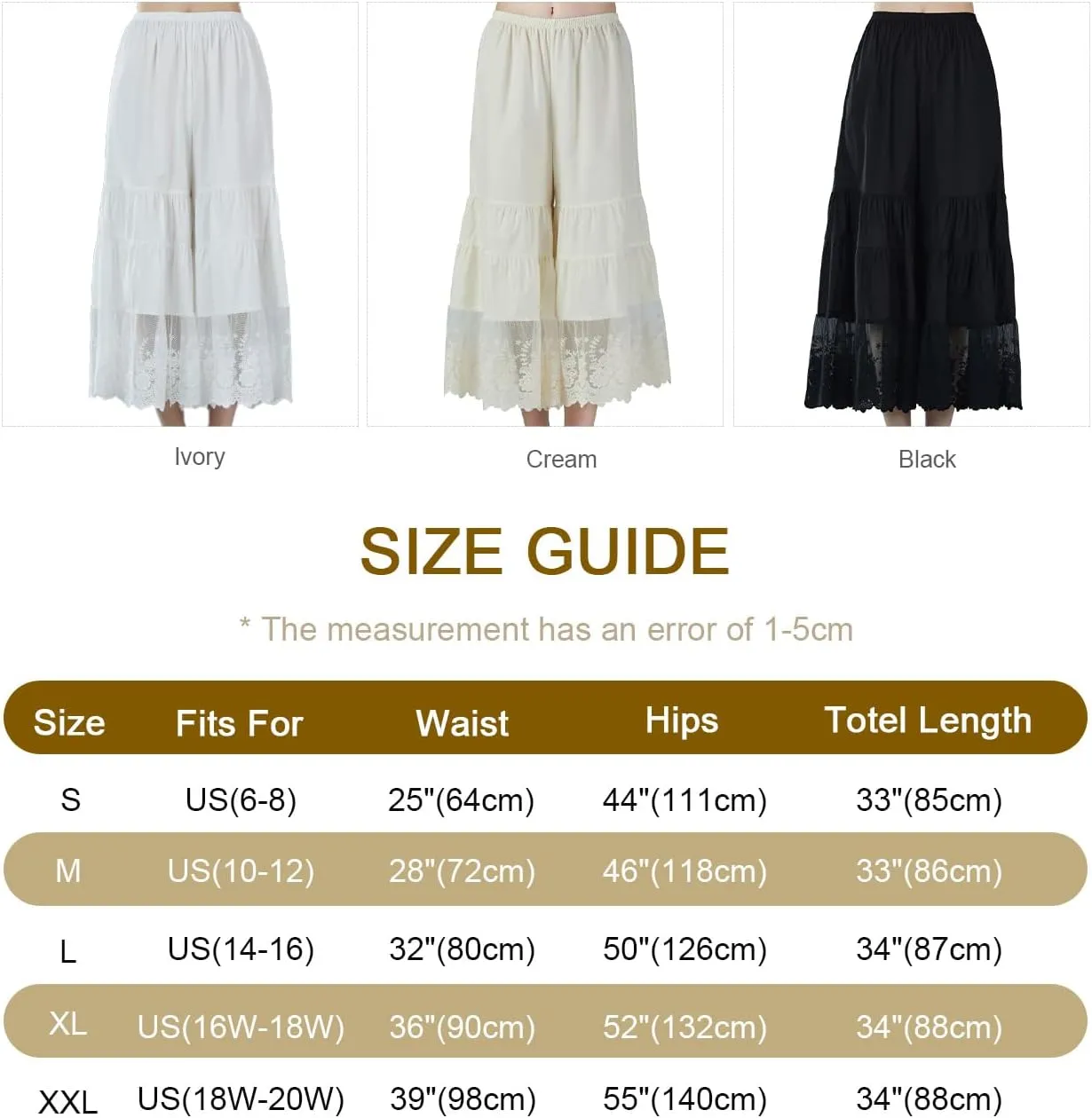 BEAUTELICATE Women Cotton Batiste Culotte Slip Pettipants Lace Trim Vintage Wide Leg Half Slip