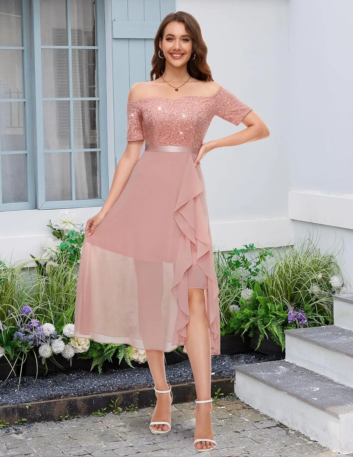 BeryLove Women Sequin Formal Party Dress Off Shoulder Wedding Cocktail Midi Evening Dress