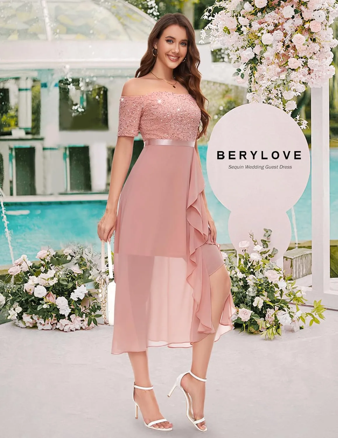 BeryLove Women Sequin Formal Party Dress Off Shoulder Wedding Cocktail Midi Evening Dress
