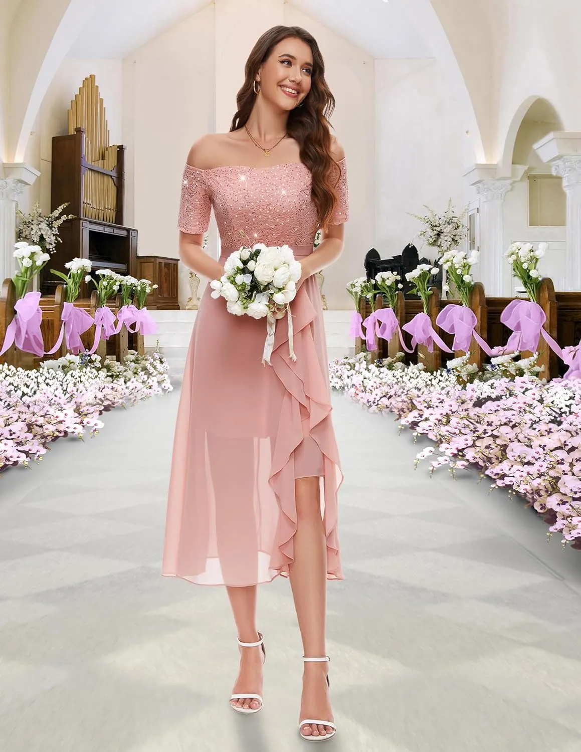 BeryLove Women Sequin Formal Party Dress Off Shoulder Wedding Cocktail Midi Evening Dress