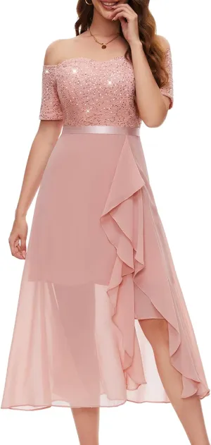 BeryLove Women Sequin Formal Party Dress Off Shoulder Wedding Cocktail Midi Evening Dress