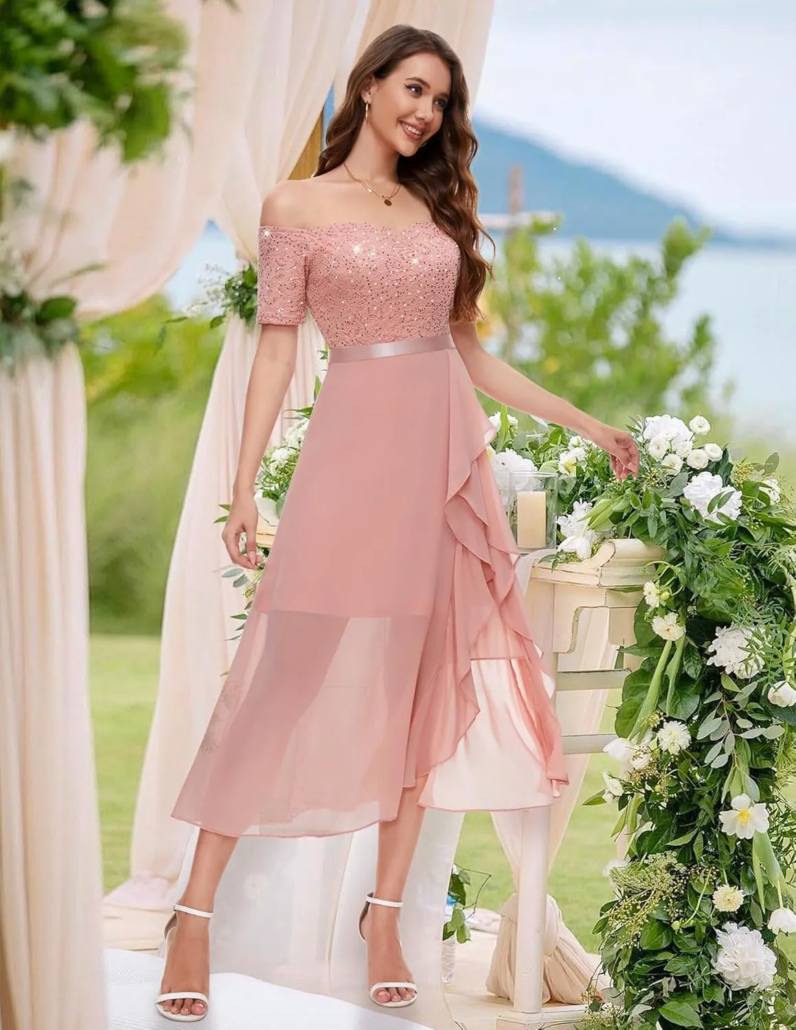 BeryLove Women Sequin Formal Party Dress Off Shoulder Wedding Cocktail Midi Evening Dress