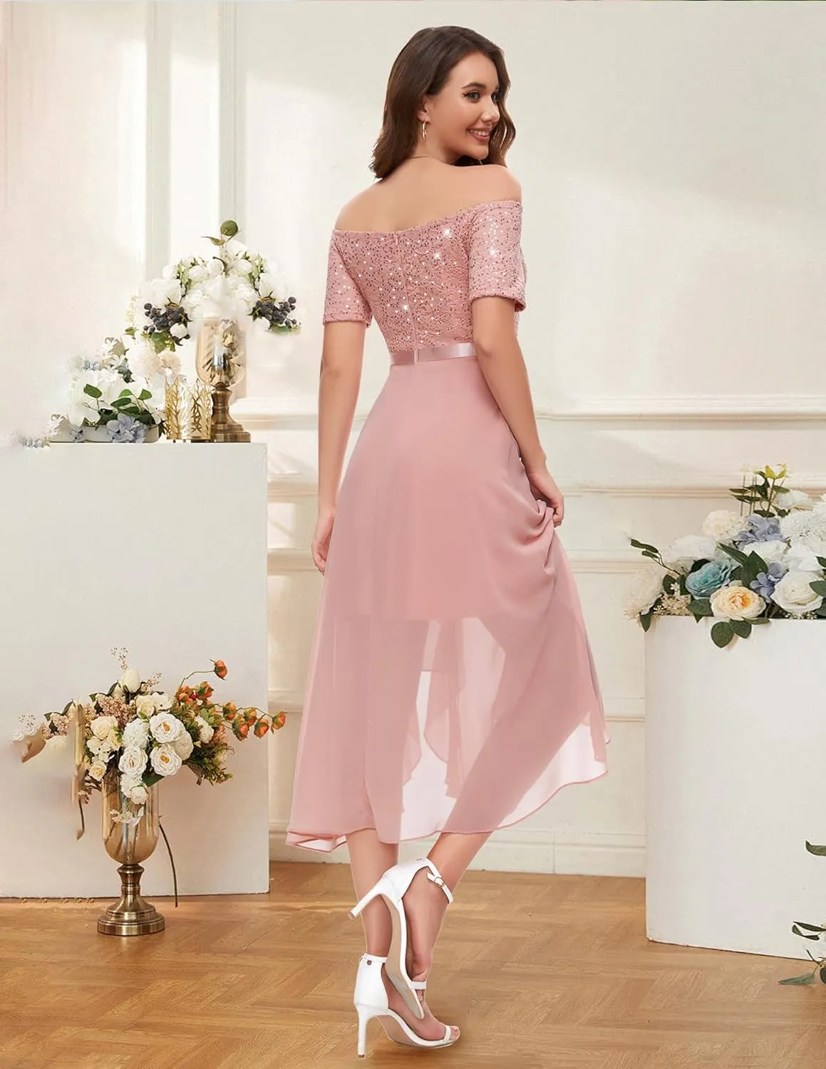 BeryLove Women Sequin Formal Party Dress Off Shoulder Wedding Cocktail Midi Evening Dress