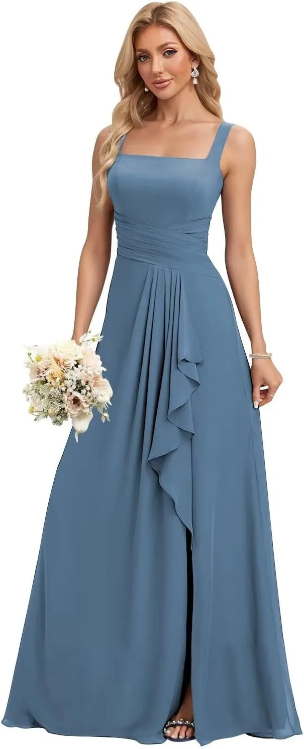 BITALY Bridesmaid Dresses for Women 2025 Chiffon Ruffle Spaghetti Straps Long A Line Bridesmaid Dress BI186