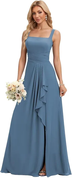 BITALY Bridesmaid Dresses for Women 2025 Chiffon Ruffle Spaghetti Straps Long A Line Bridesmaid Dress BI186